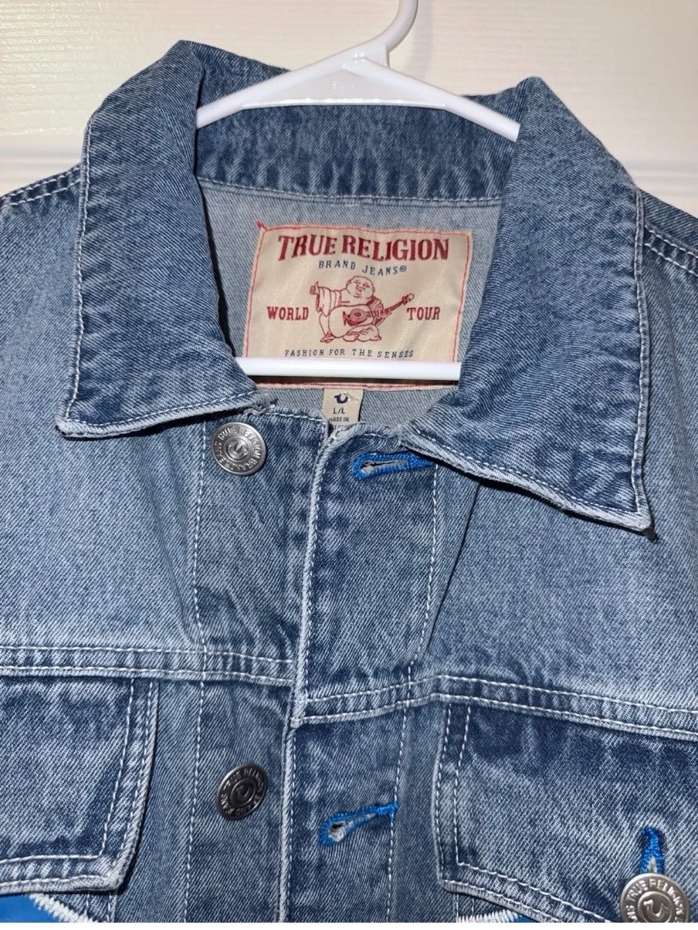 True Religion Blue Denim Jacket with Contrast Pocket Arcs